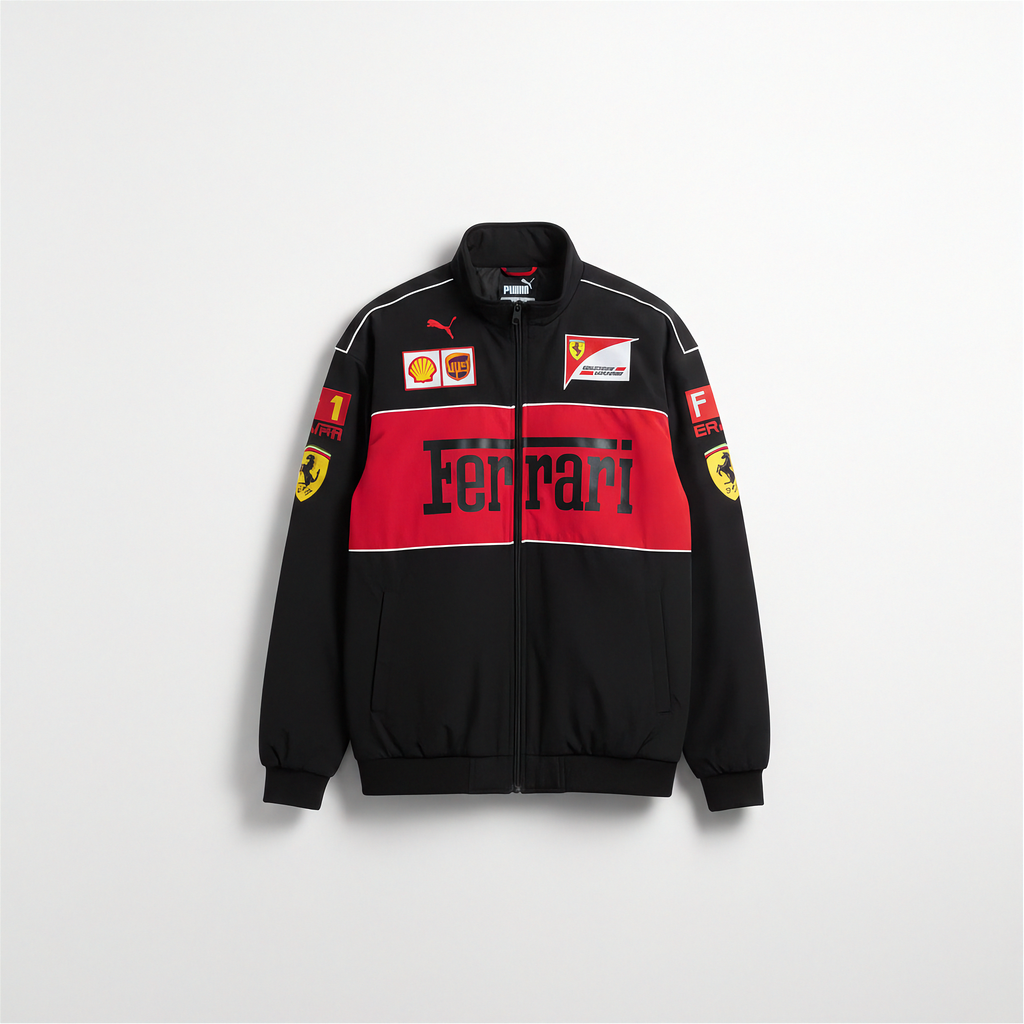 Black and red Ferrari jacket with various logos on a light gray background