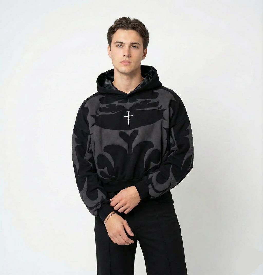 Gothic Tribal Shadow Cropped Hoodie – Dark Streetwear | ECLATTE Eclatte