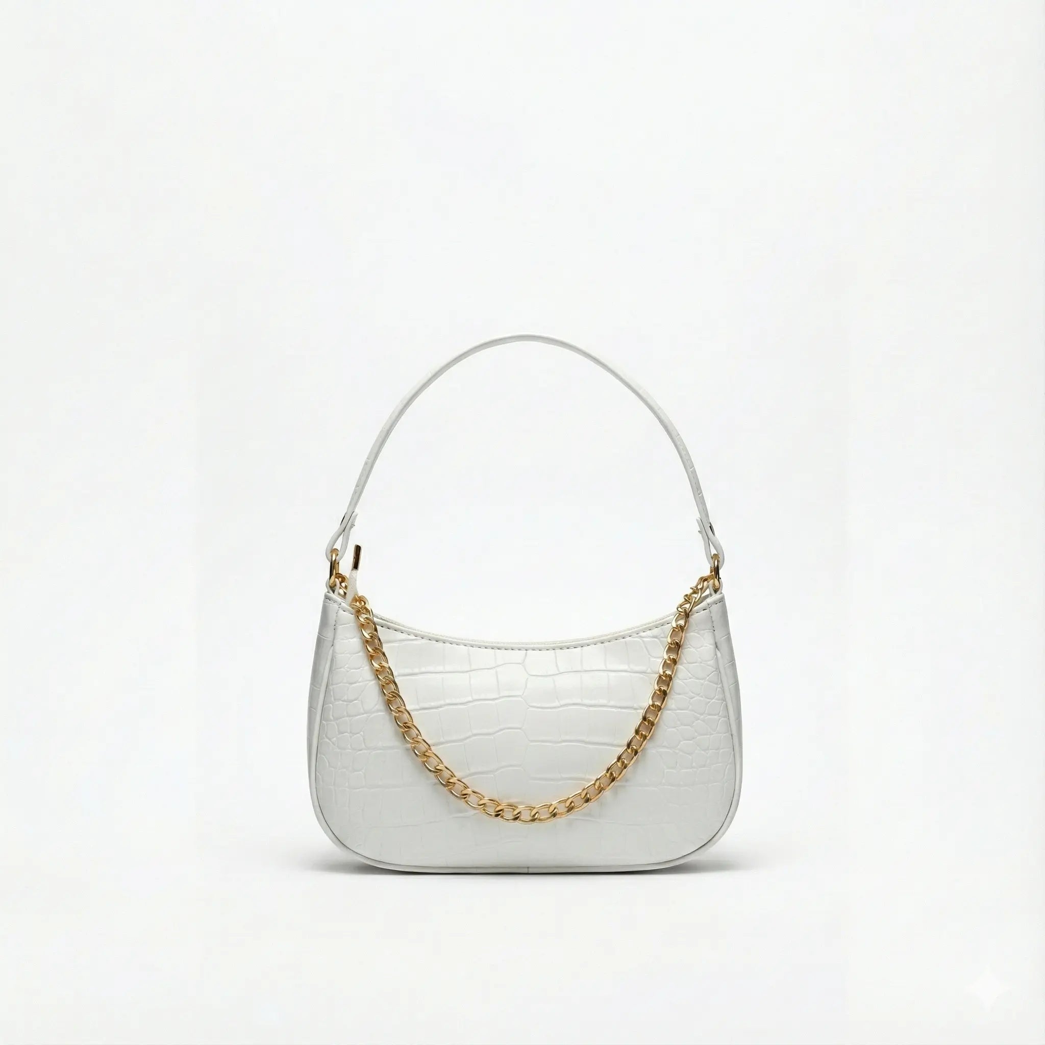 White crocodile-textured shoulder bag with gold chain detail on plain background