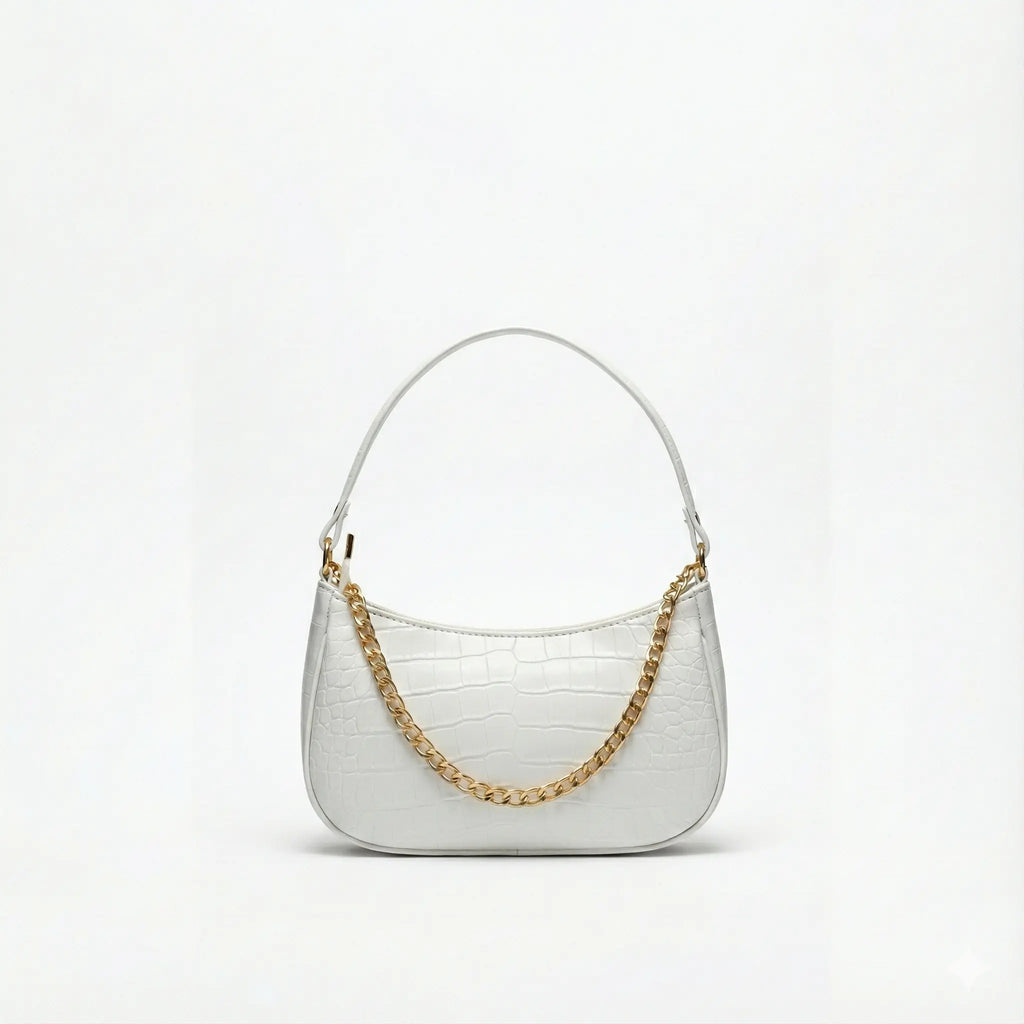 White Croc Embossed Shoulder Bag With Gold Chain | ECLATTE Eclatte