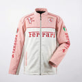 Pink and white streetwear zip-up jacket with Ferrari logo and racing team patches