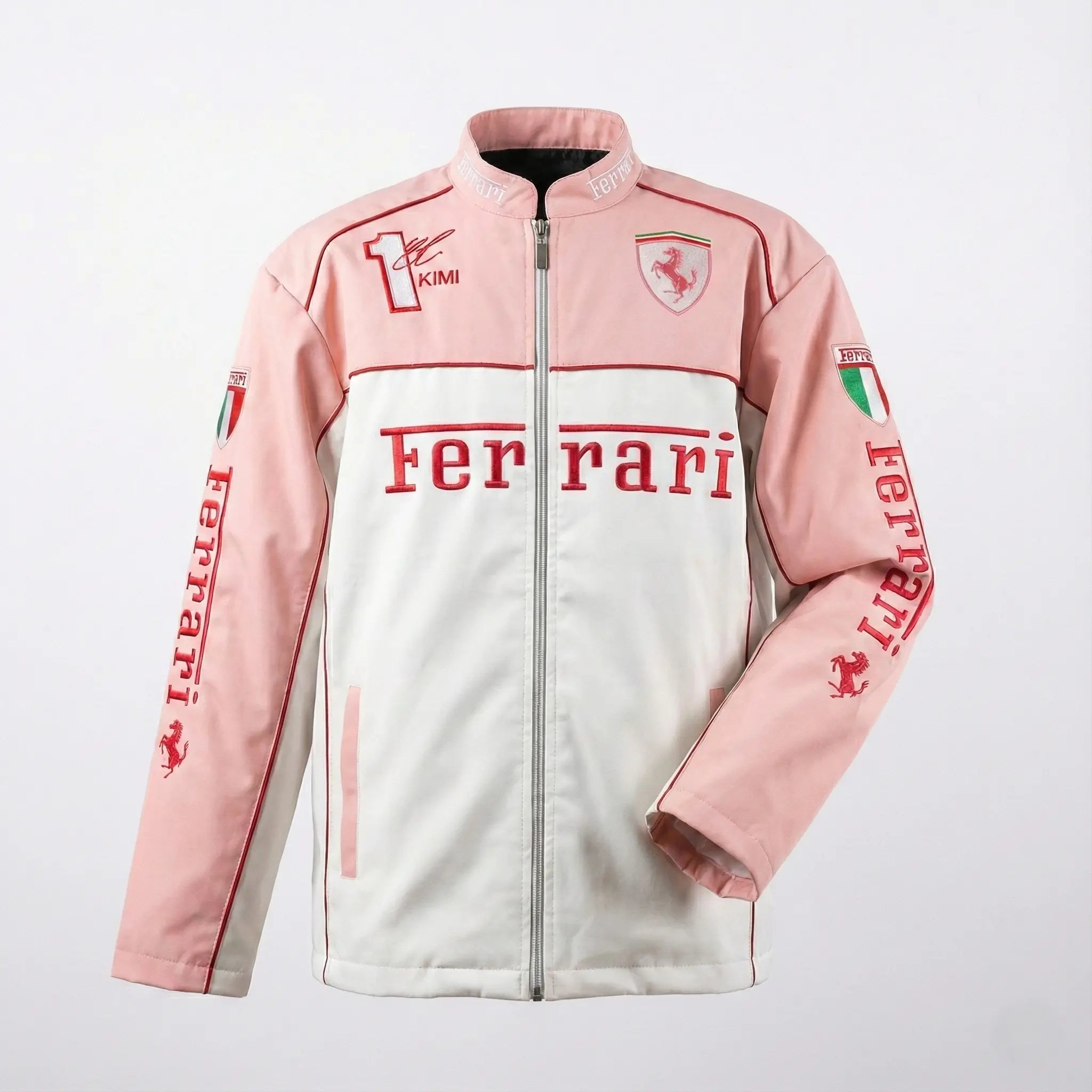 Pink and white streetwear zip-up jacket with Ferrari logo and racing team patches