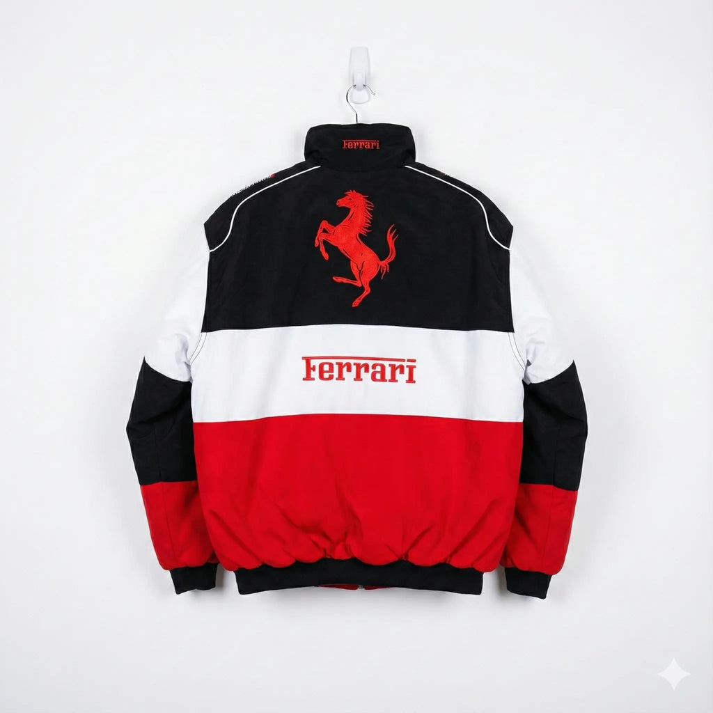 Colorblock streetwear jacket with red, white, and black panels, featuring a bold prancing horse and logo on the back.