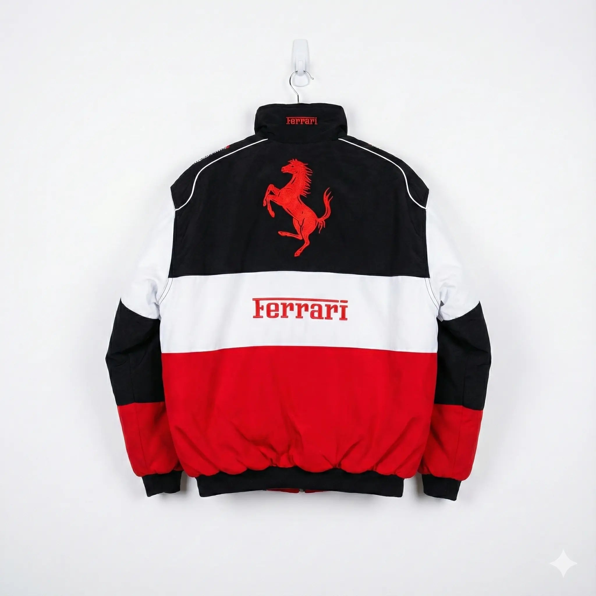 Colorblock streetwear jacket with red, white, and black panels, featuring a bold prancing horse and logo on the back.