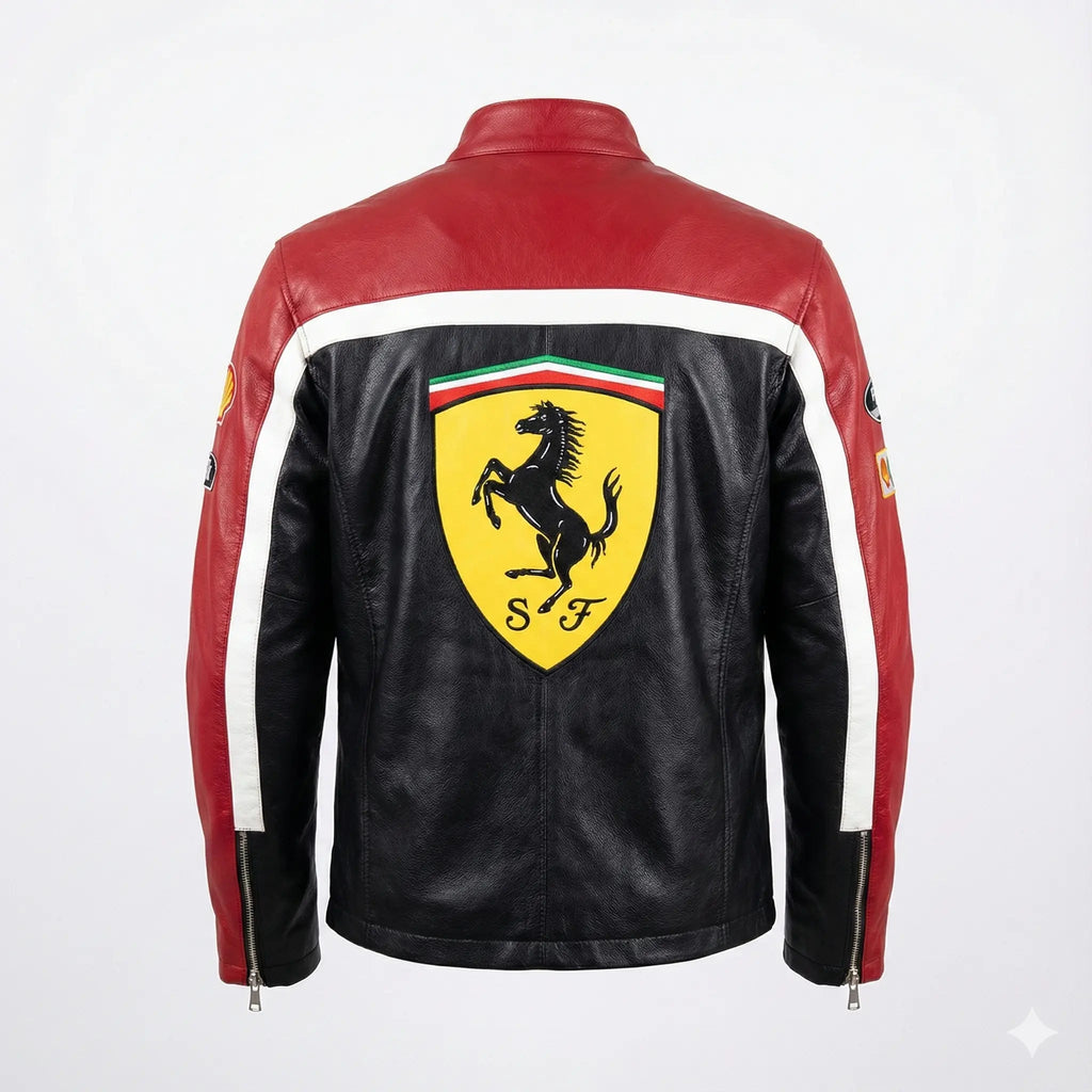 Red and black leather racing jacket with yellow prancing horse logo on back, sporty streetwear