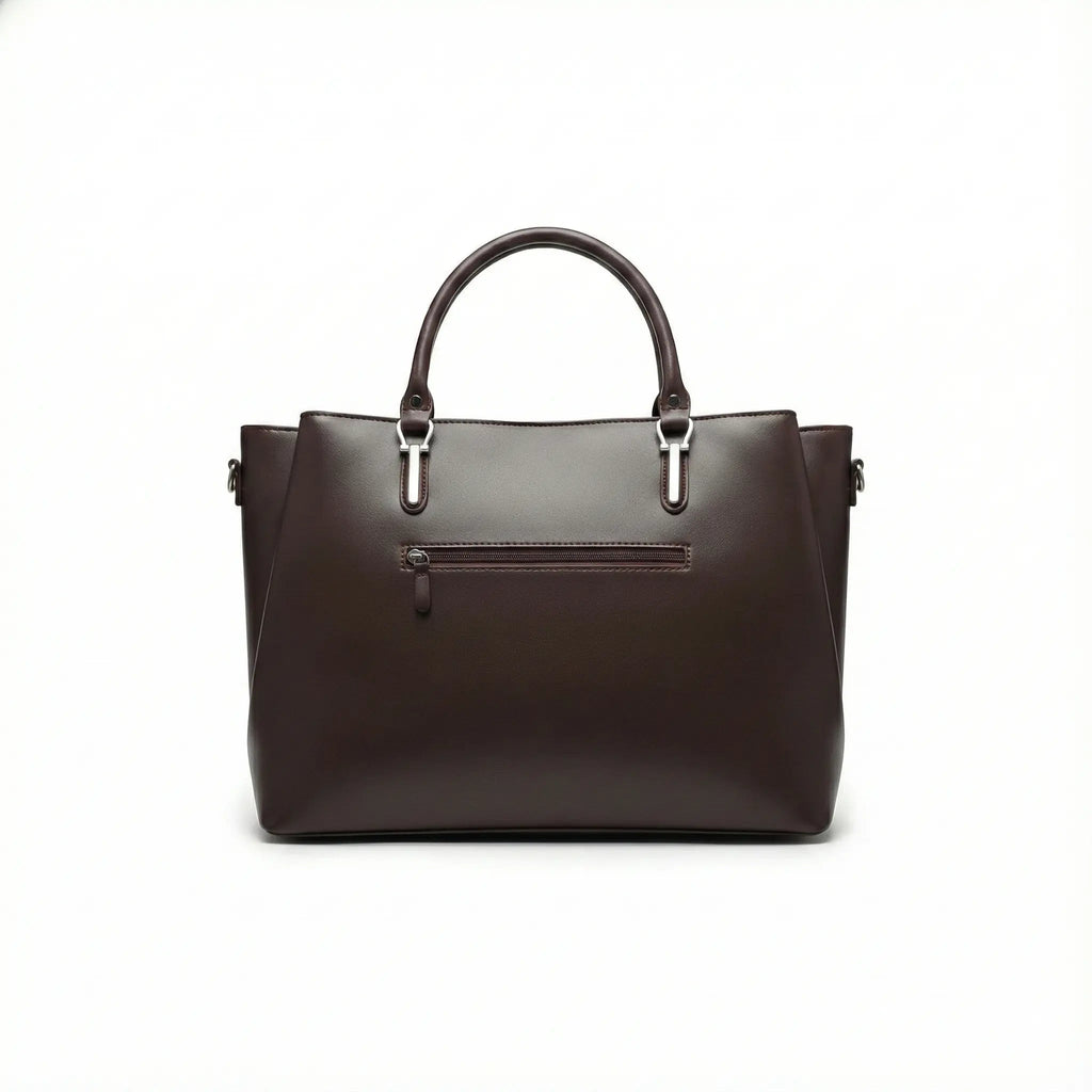 Brown leather tote bag with double handles and front zipper pocket on white background