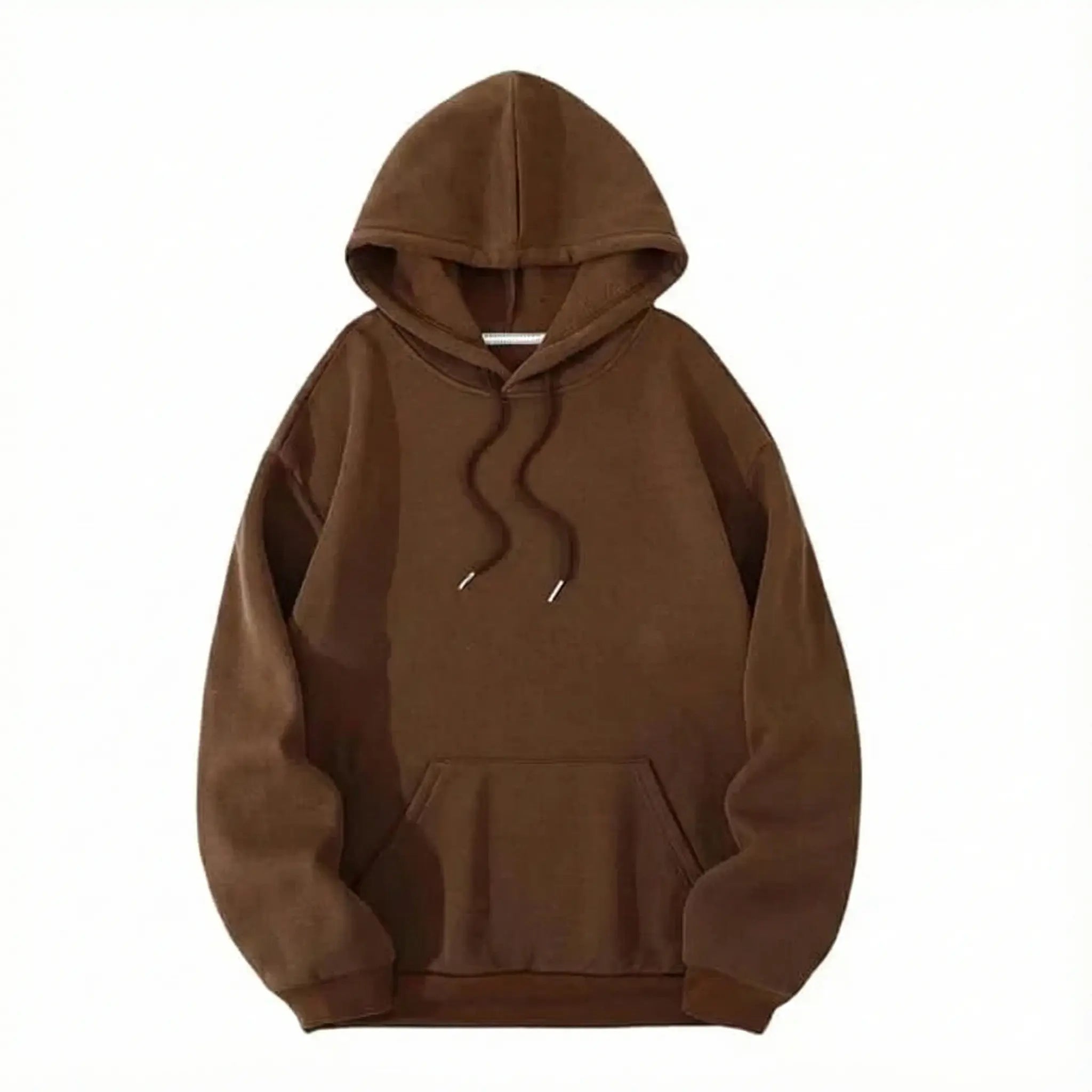 Brown minimalist streetwear hoodie with drawstrings and front kangaroo pocket on white background