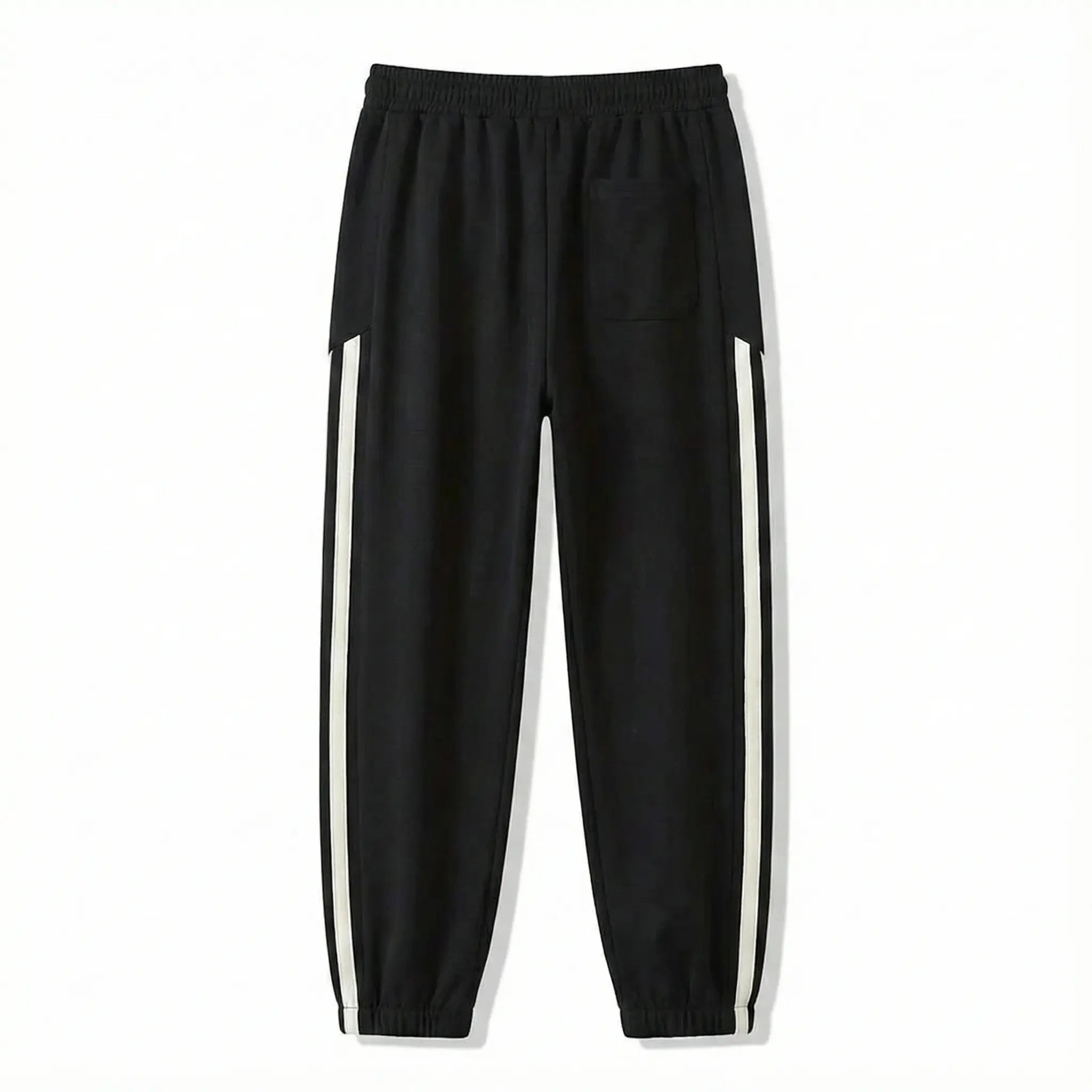 Black streetwear jogger pants with white side stripes and elastic waistband