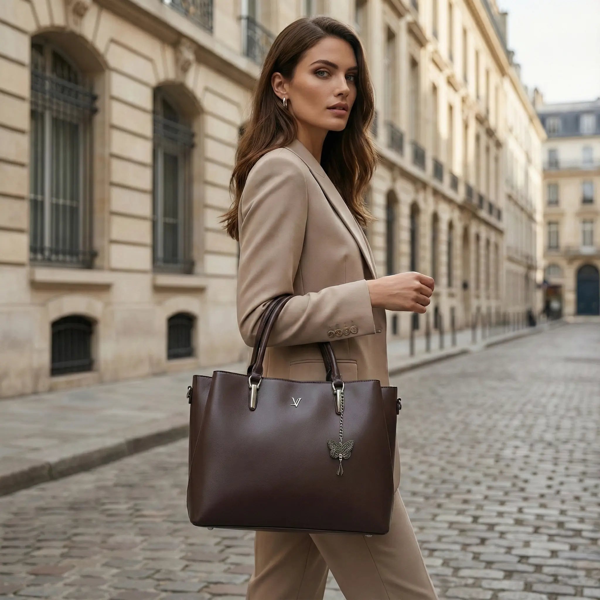Woman in beige suit with brown leather tote bag on urban street, modern streetwear fashion