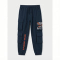 Navy cargo jogger pants with Spider-Man text, comic patch on side pocket, and multiple pockets
