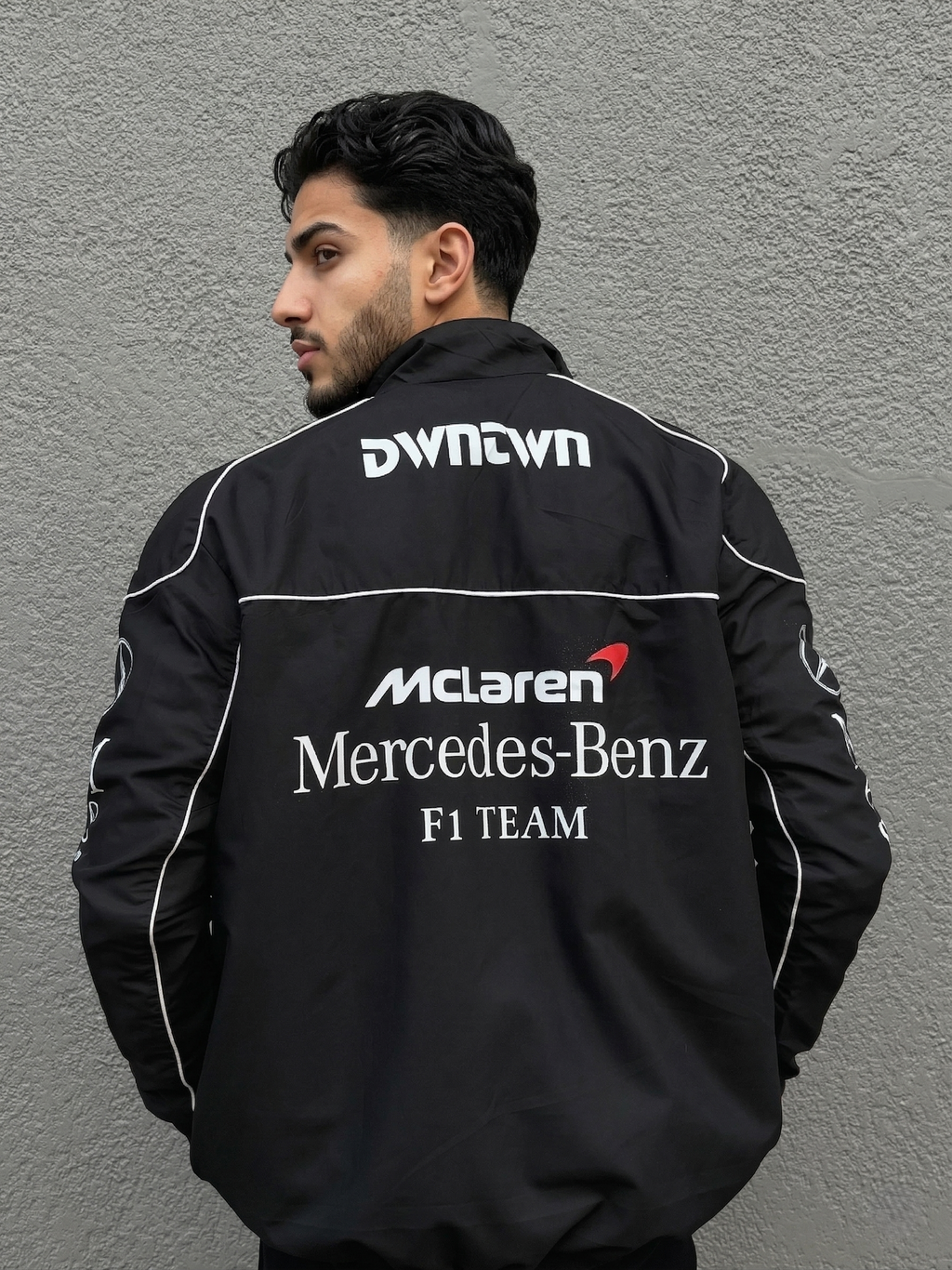 Vintage AMG Racing Jacket Close Up - Mercedes Style Streetwear | Eclatte
