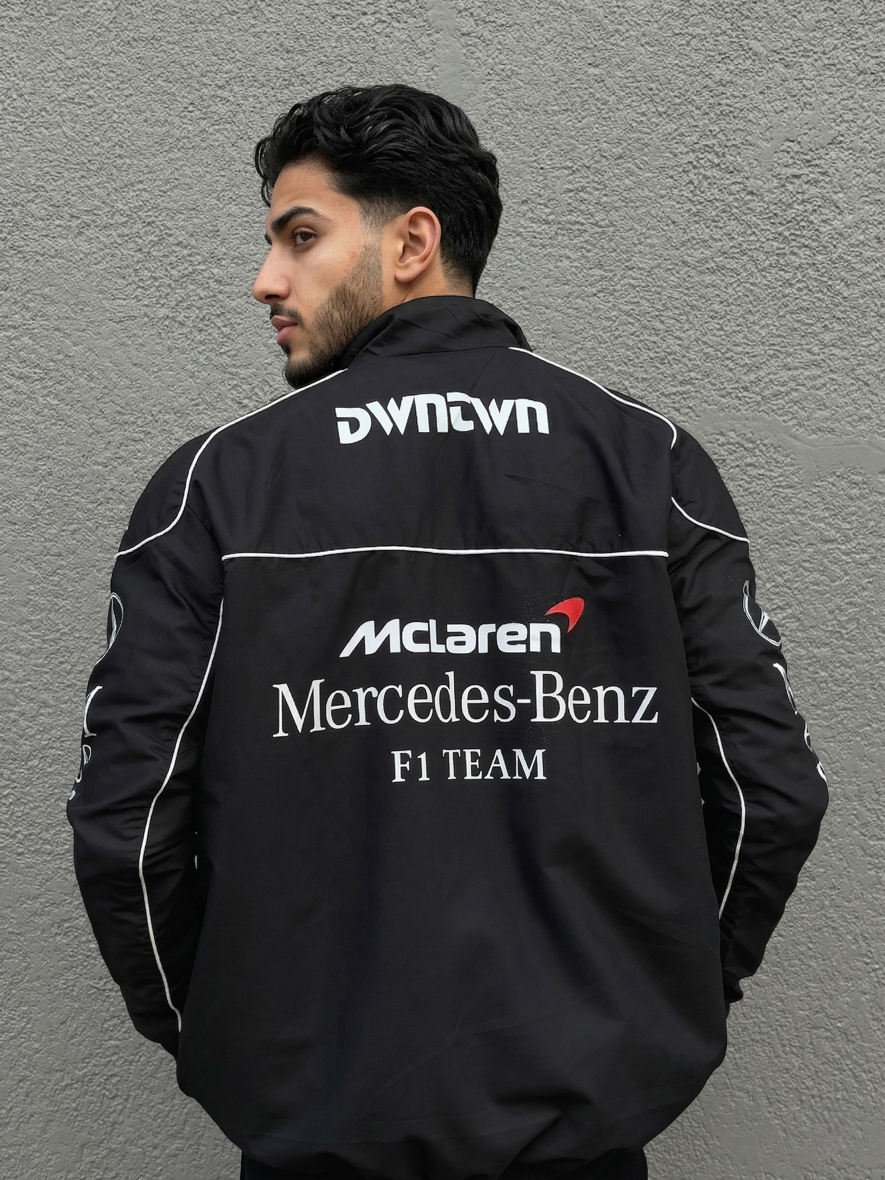 Vintage AMG Racing Jacket Close Up - Mercedes Style Streetwear | Eclatte
