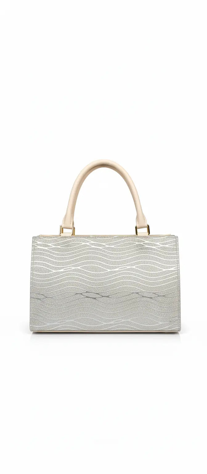 Rectangular silver handbag with wave pattern and beige handles on white background