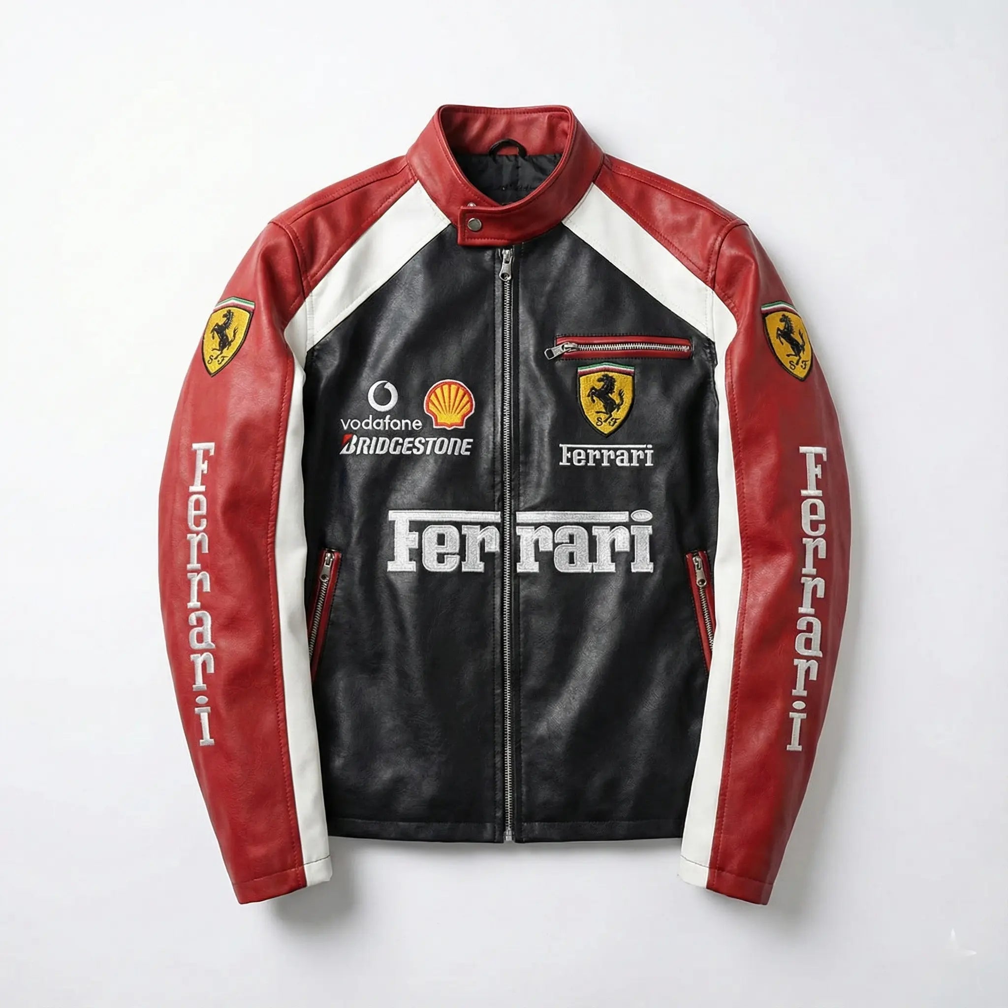Black and red racing leather jacket with Ferrari logos, white sleeves, motorsport patches