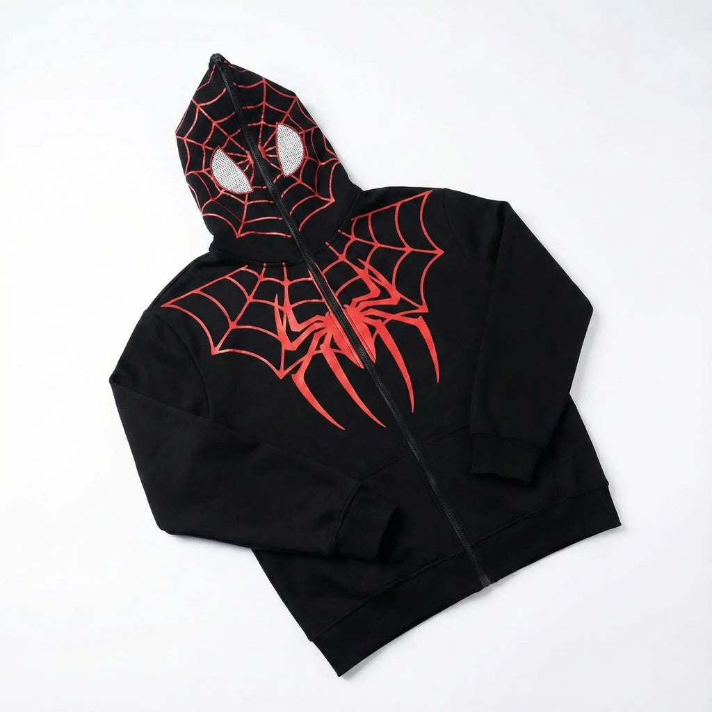 Black streetwear hoodie with red spider web design and full-zip hood with eye cutouts