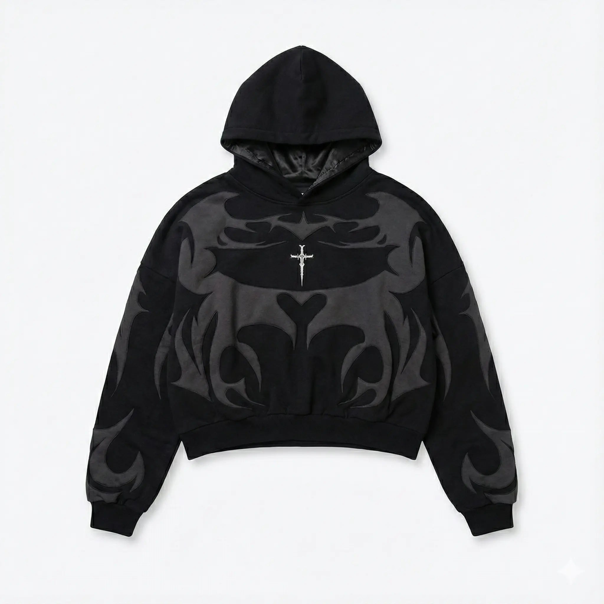 Black streetwear hoodie with bold gray abstract flame design and small cross detail on chest