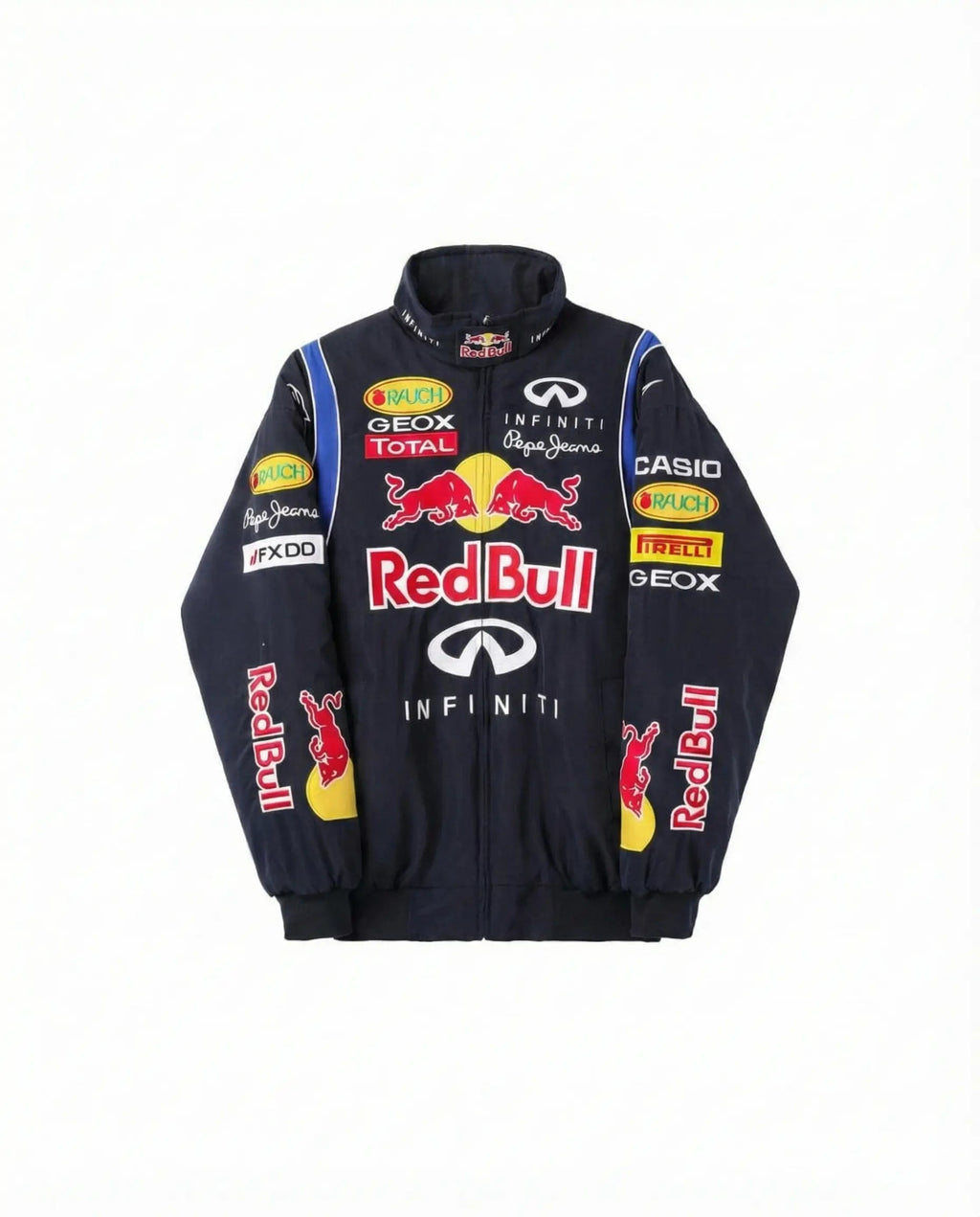 Navy blue streetwear racing jacket with bold sponsor logos and varsity style, laid flat on white.