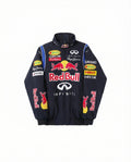 Navy blue streetwear racing jacket with bold sponsor logos and varsity style, laid flat on white.