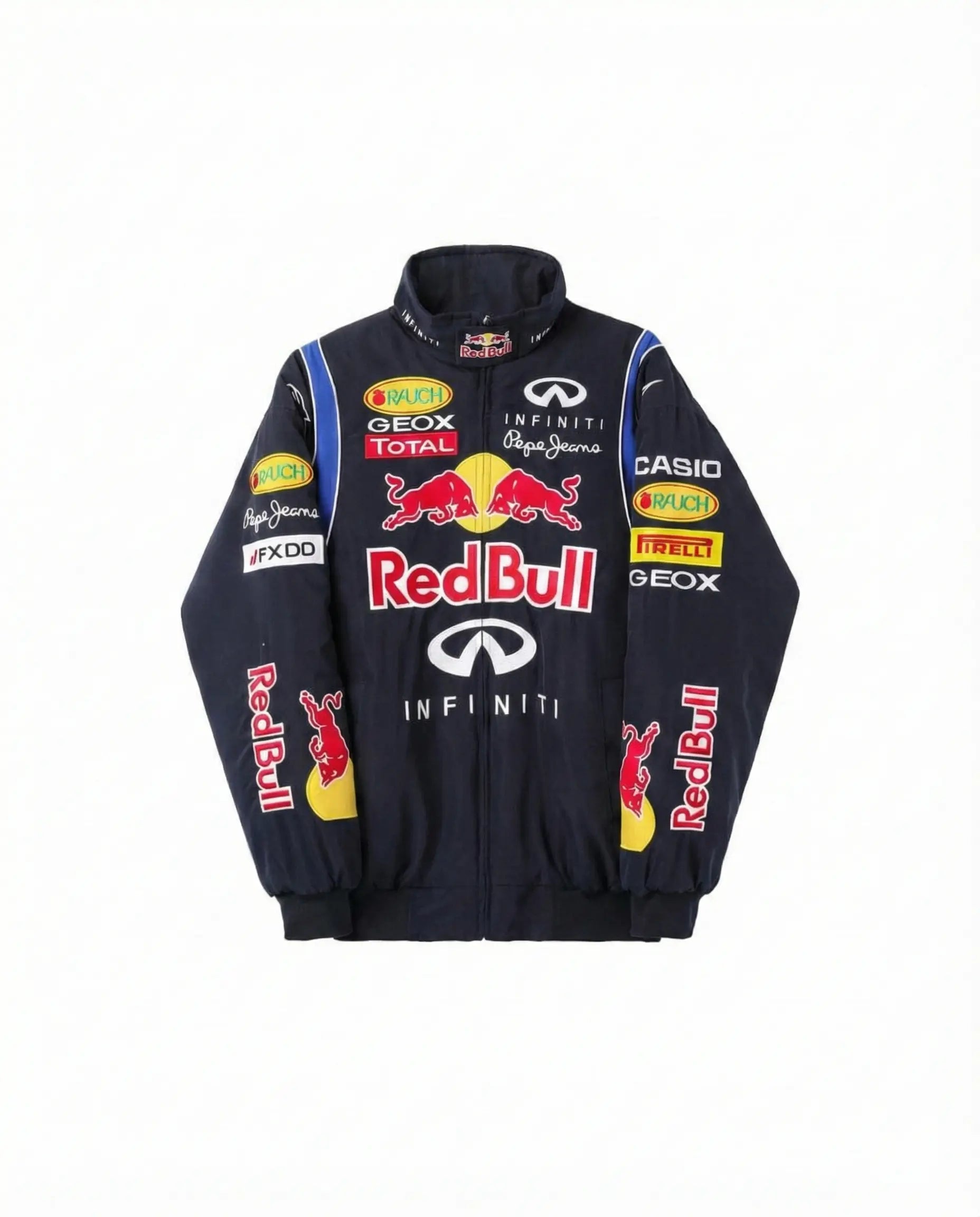 Navy blue streetwear racing jacket with bold sponsor logos and varsity style, laid flat on white.