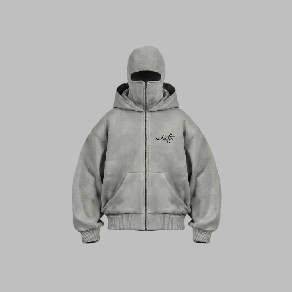 Oversized gray hoodie with full zipper, front pockets, and modern script logo on chest