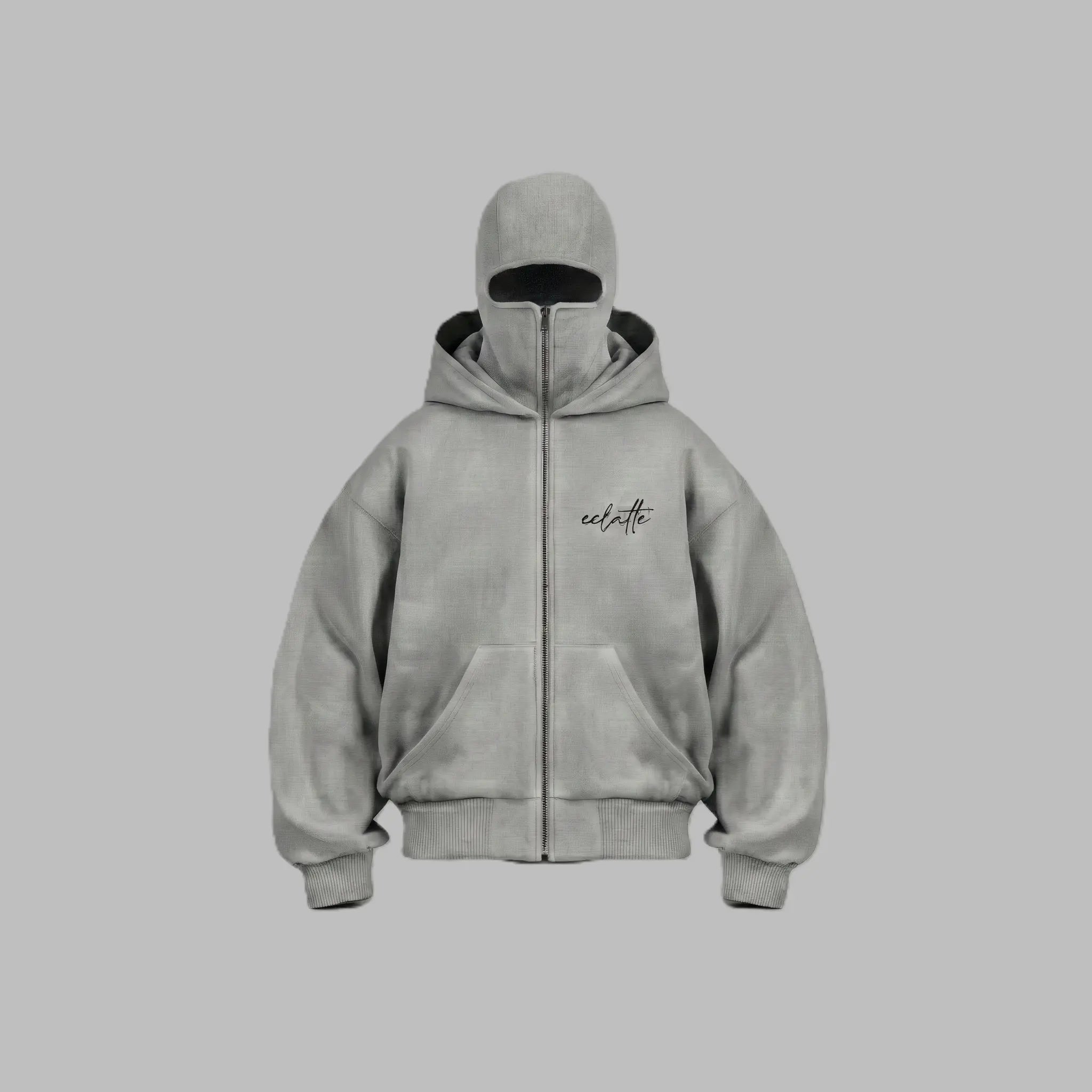 Oversized gray hoodie with full zipper, front pockets, and modern script logo on chest