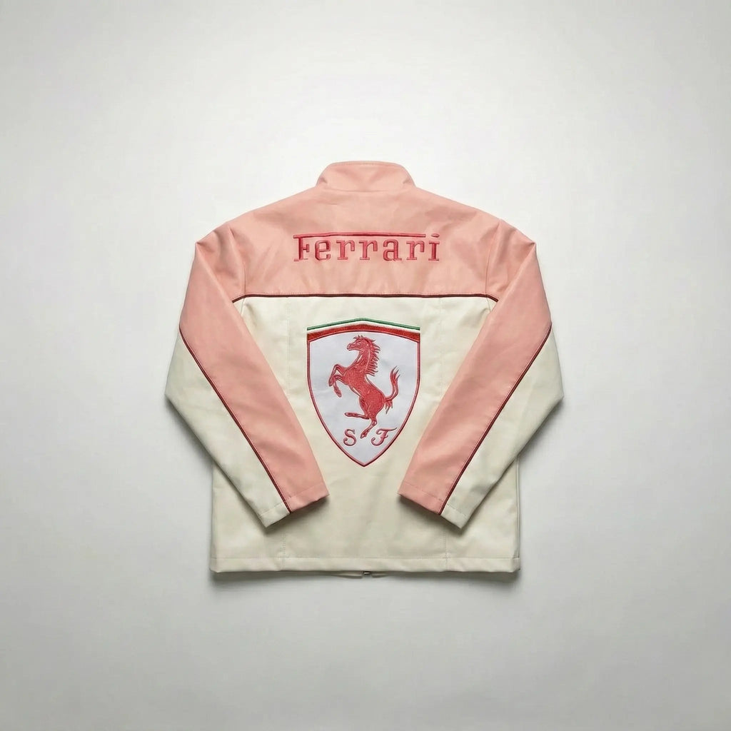 Pink and white streetwear jacket with Ferrari logo and prancing horse design on the back.