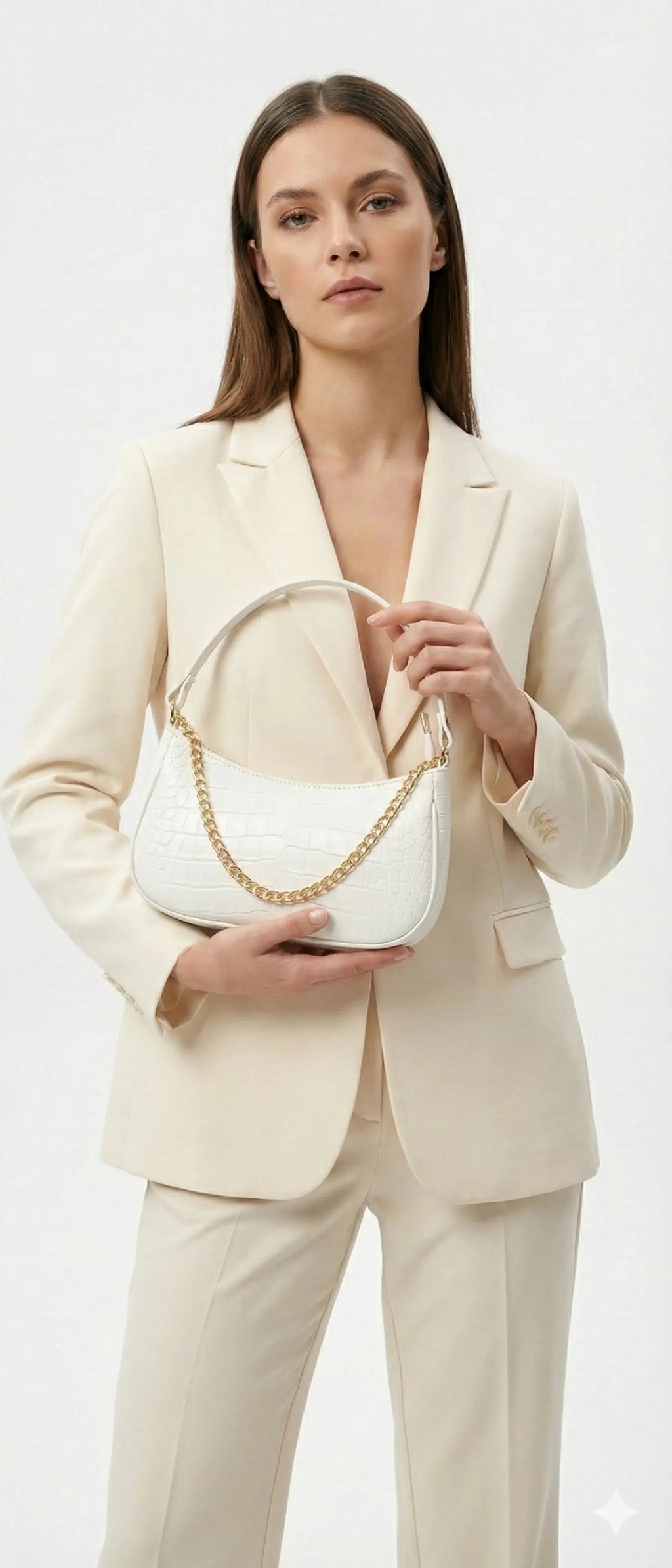 Woman in cream suit holding white crocodile-textured handbag with gold chain, modern fashion