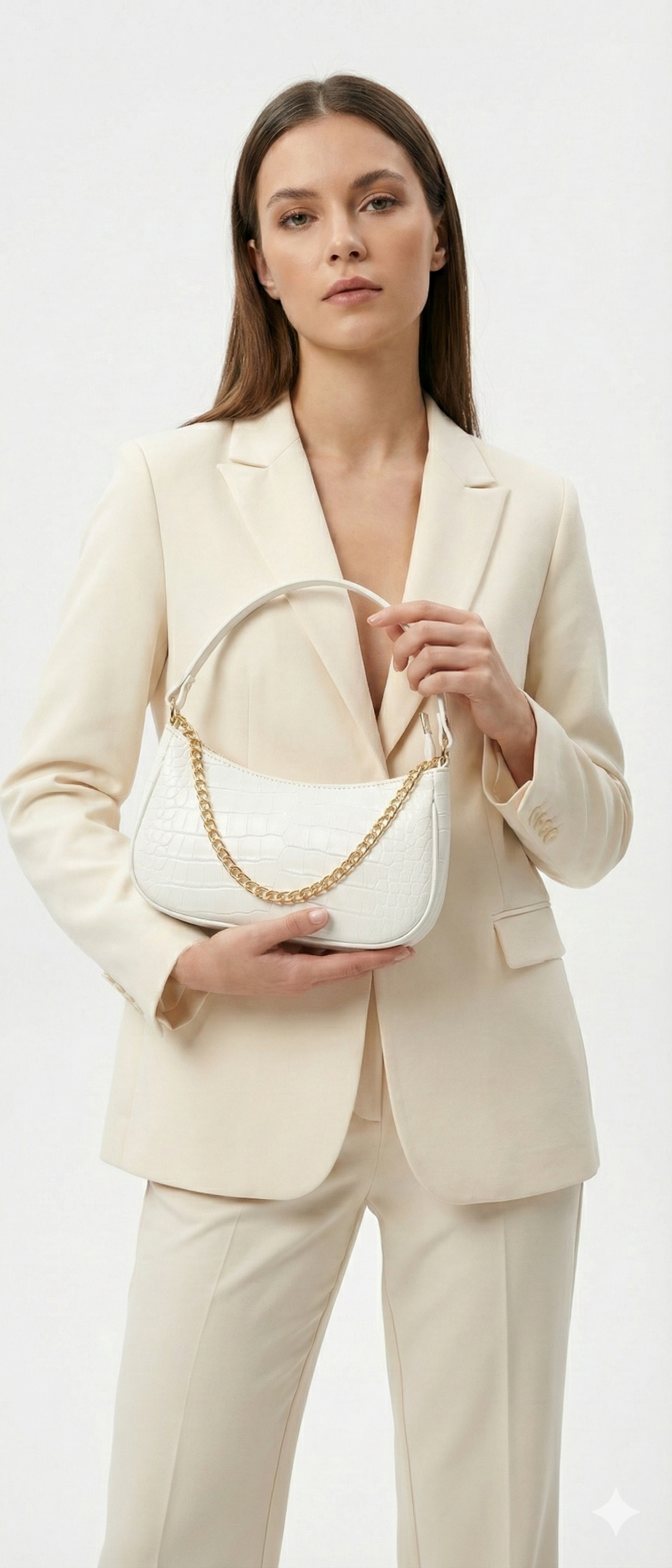 White Croc Embossed Shoulder Bag With Gold Chain | ECLATTE