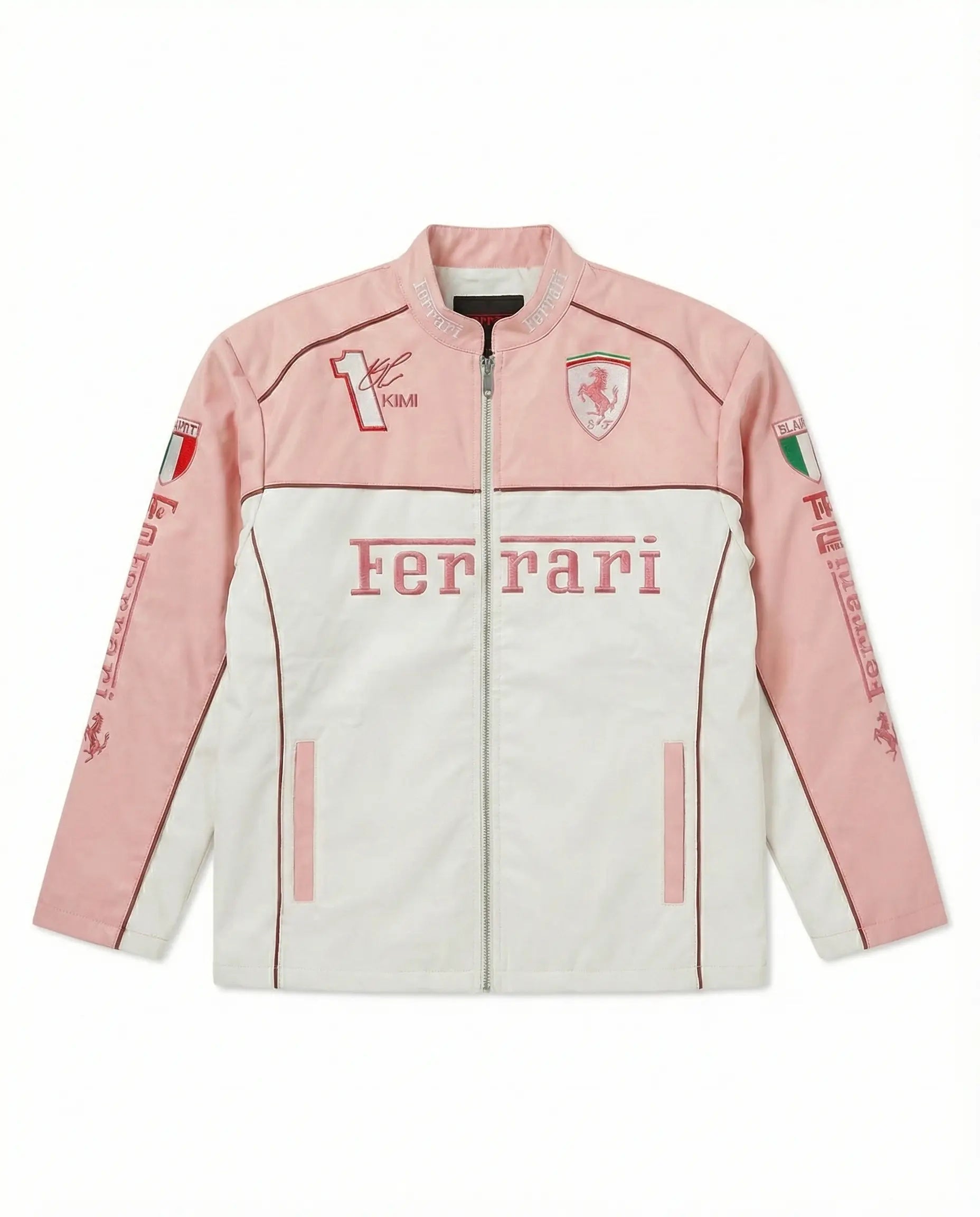 Pink and white streetwear jacket with bold logos, zip front, and embroidered patches