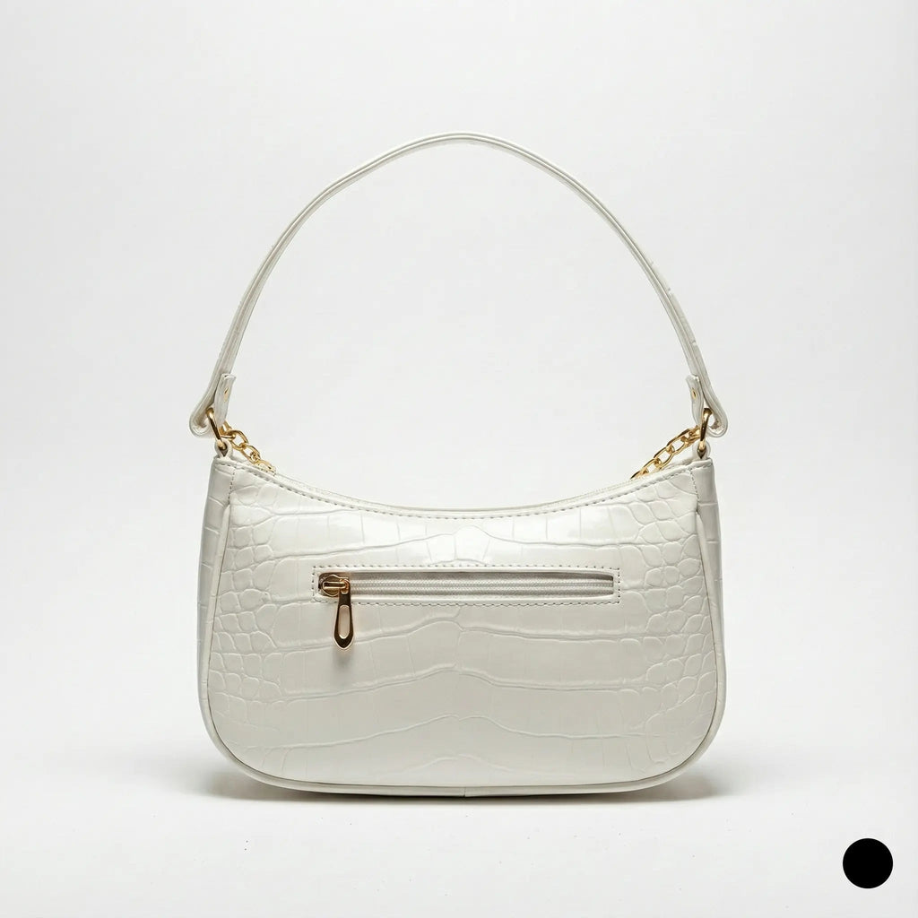 White faux crocodile shoulder bag with gold chain accents and rear zipper pocket