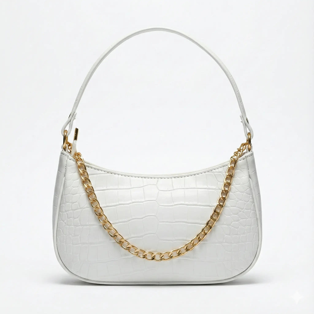 White faux crocodile leather shoulder bag with gold chain strap, modern streetwear accessory