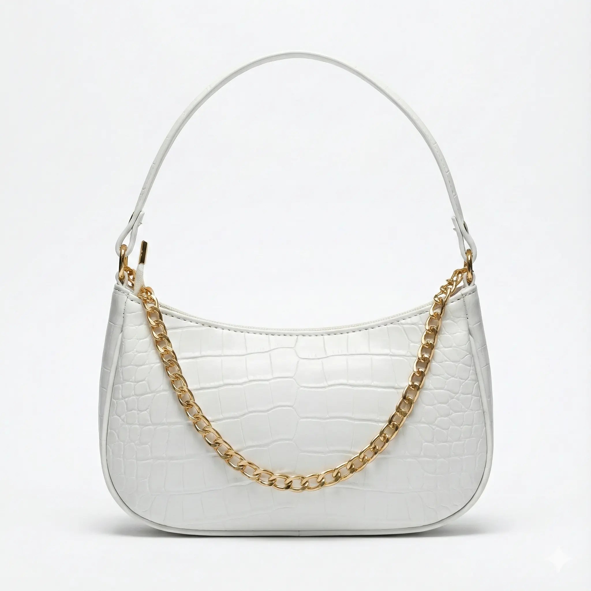 White faux crocodile leather shoulder bag with gold chain strap, modern streetwear accessory