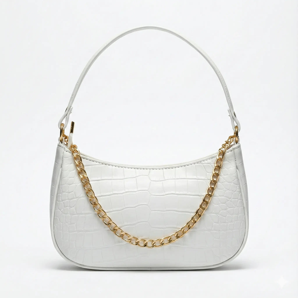 White Croc Embossed Shoulder Bag With Gold Chain | ECLATTE Eclatte