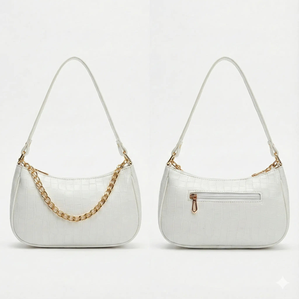 White crocodile-texture shoulder bag with gold chain strap and zipper pocket, streetwear accessory
