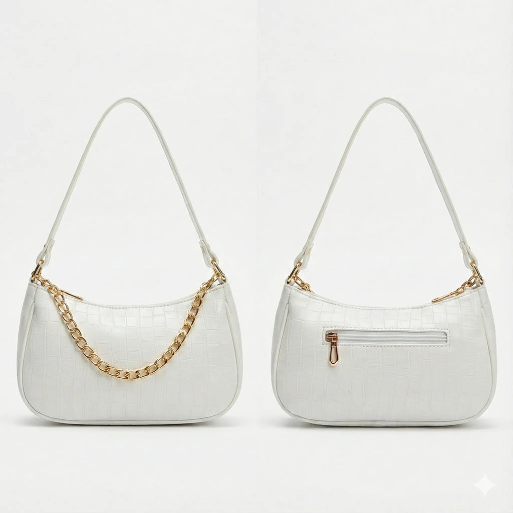 White Croc Embossed Shoulder Bag With Gold Chain | ECLATTE Eclatte