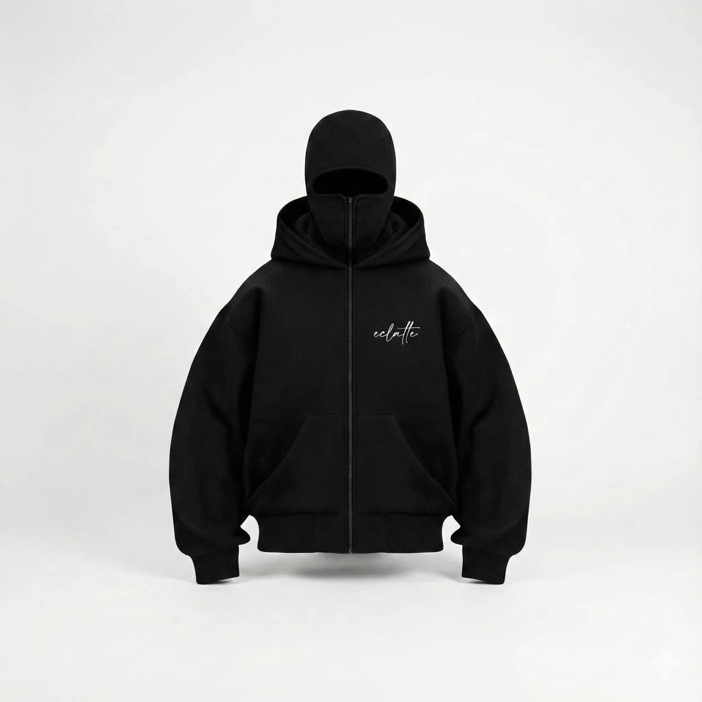 Black oversized zip-up hoodie with front logo, modern streetwear, front view on plain background