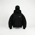 Black oversized zip-up hoodie with front logo, modern streetwear, front view on plain background