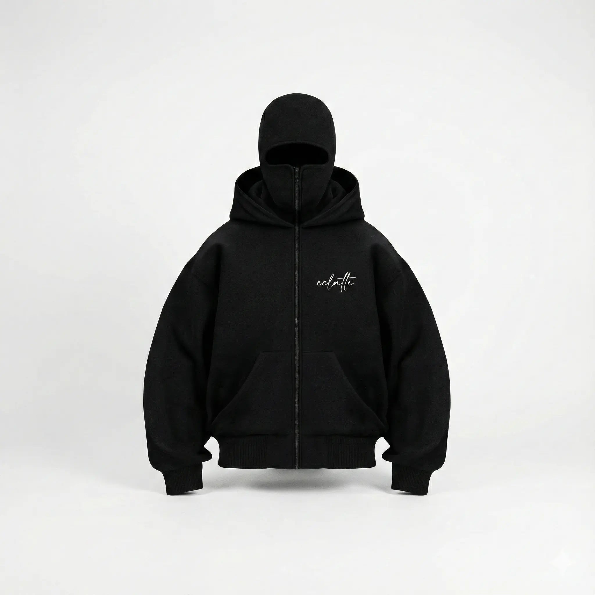 Black oversized zip-up hoodie with front logo, modern streetwear, front view on plain background