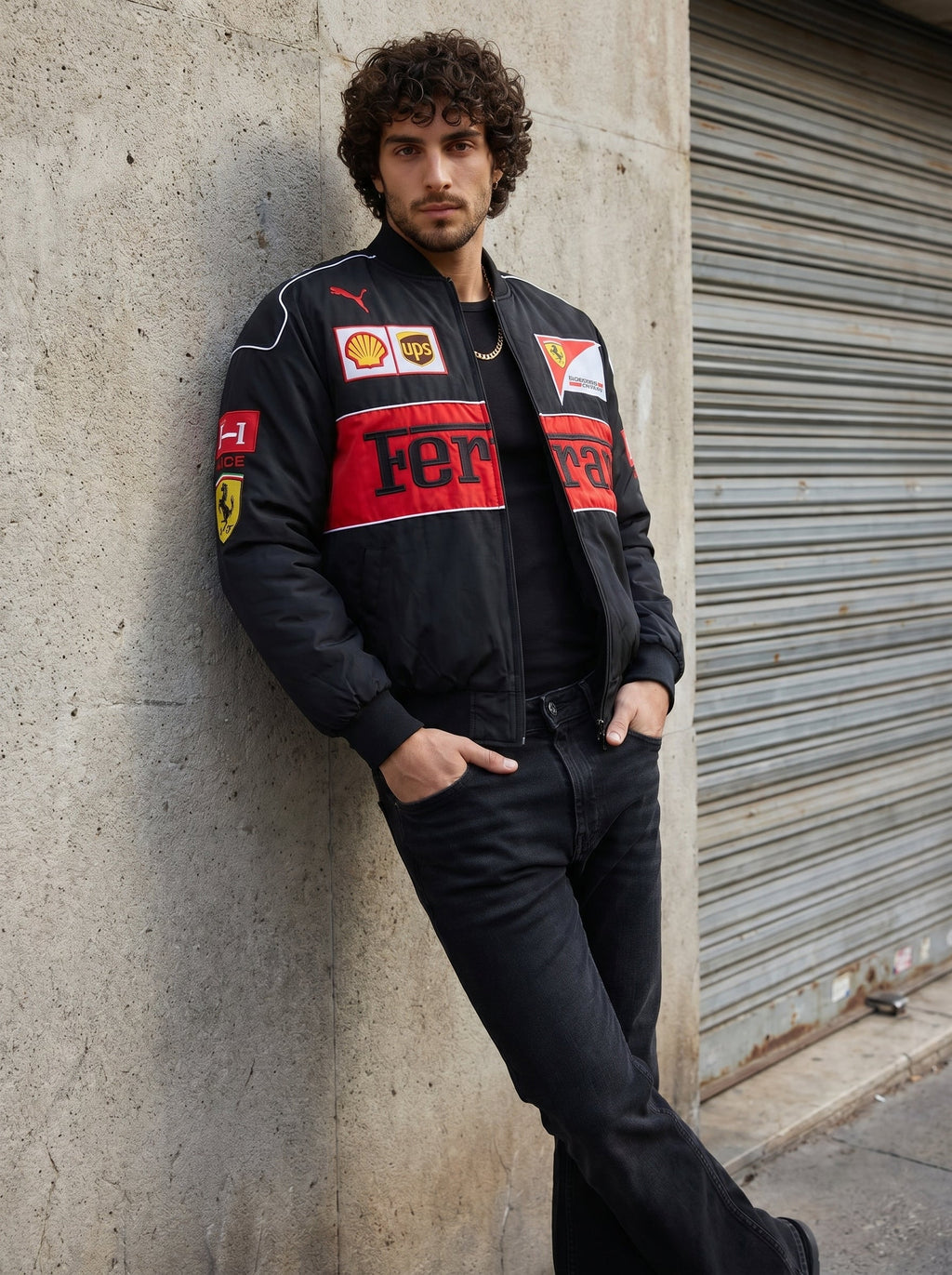 Eclatte Ferrari Racing Jacket styled with black flared denim; full-body lifestyle shot showing the streetwear aesthetic and racing logos.