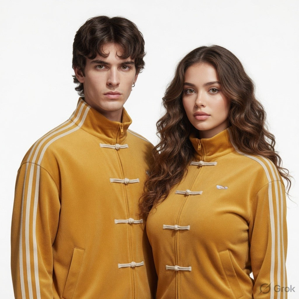 Two people wearing matching mustard yellow Cny jackets with white stripes on a plain background