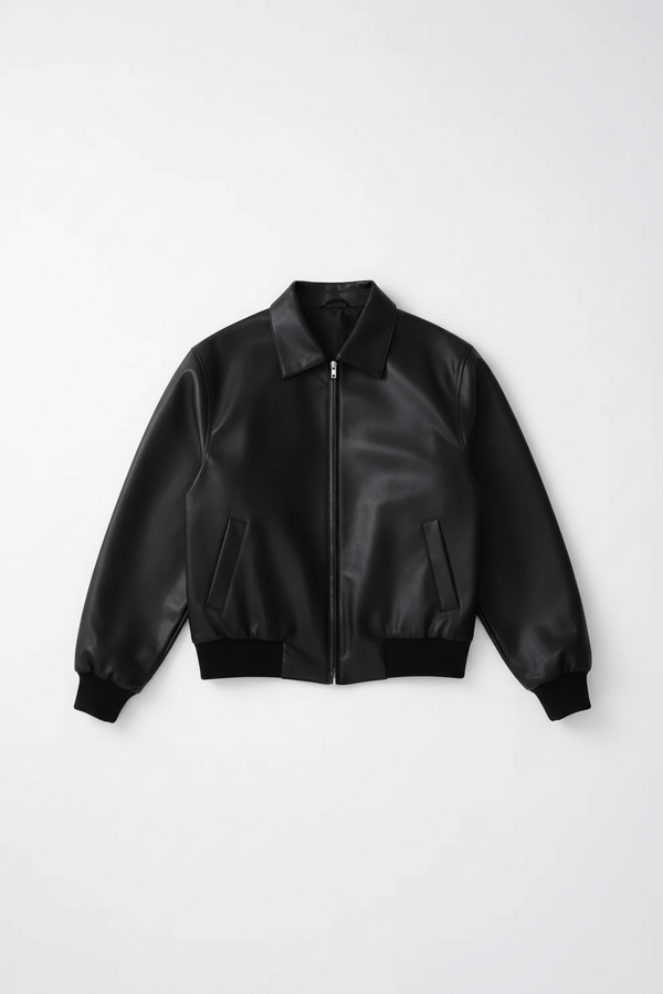 Black leather jacket on a white background