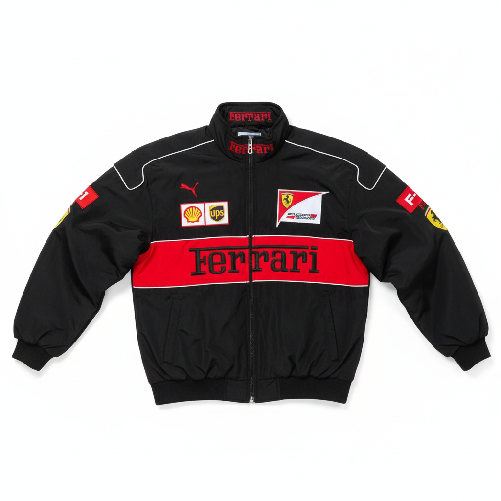 Black Ferrari Jacket Front Flat Lay Parachute Texture Overhead