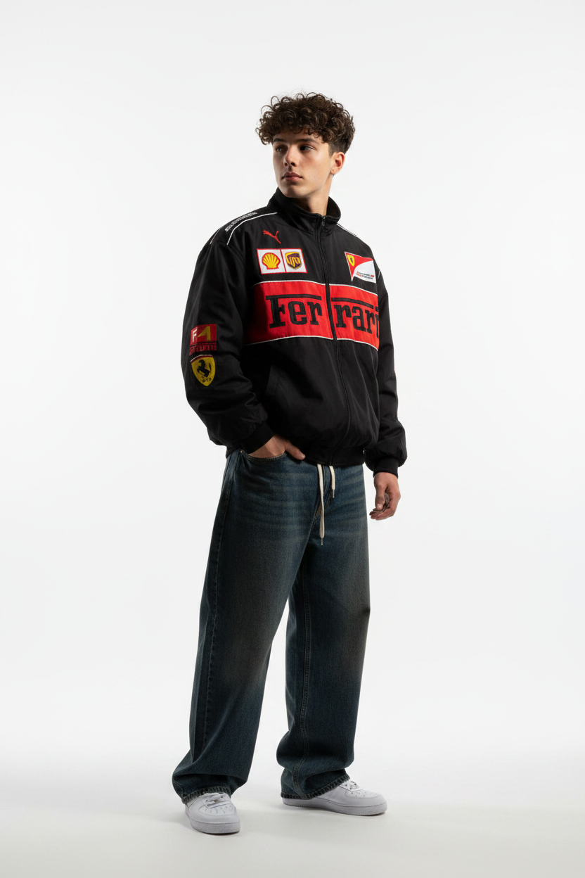 Person wearing a black Ferrari jacket on a white background