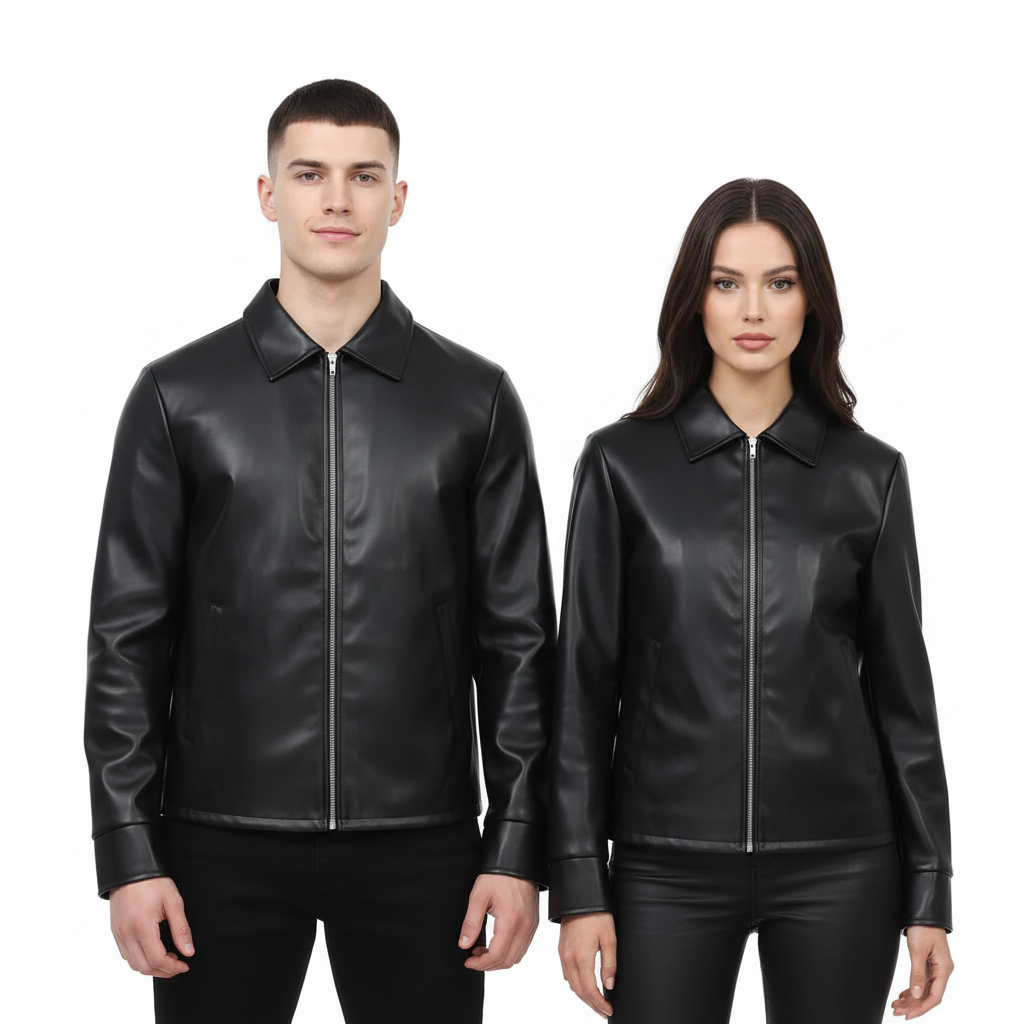 Black Leather Jacket with Collar & Buttons for Men & Women — Eclatte