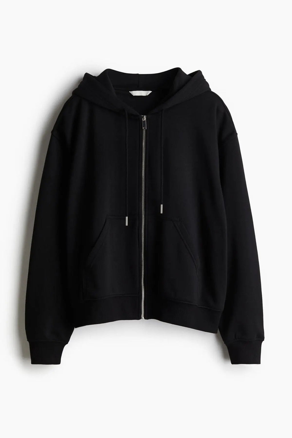 Black zip-up hoodie with front pockets and drawstring hood, modern streetwear style