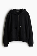 Black zip-up hoodie with front pockets and drawstring hood, modern streetwear style