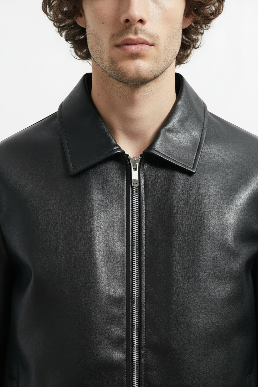 Black Leather Jacket Men with Collar — Zip Front, Slim Fit