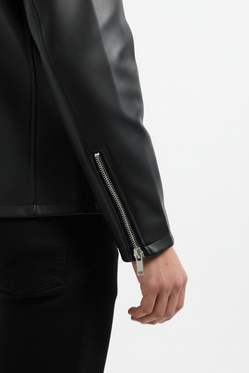 Black Leather Jacket Men with Collar — Zip Front, Slim Fit