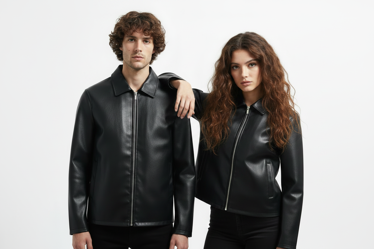 Black Leather Jacket Men with Collar — Zip Front, Slim Fit