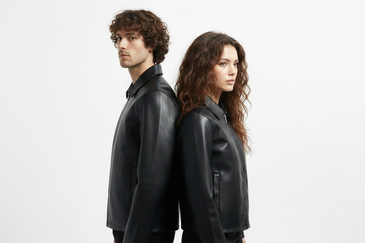 Black Leather Jacket Men with Collar — Zip Front, Slim Fit